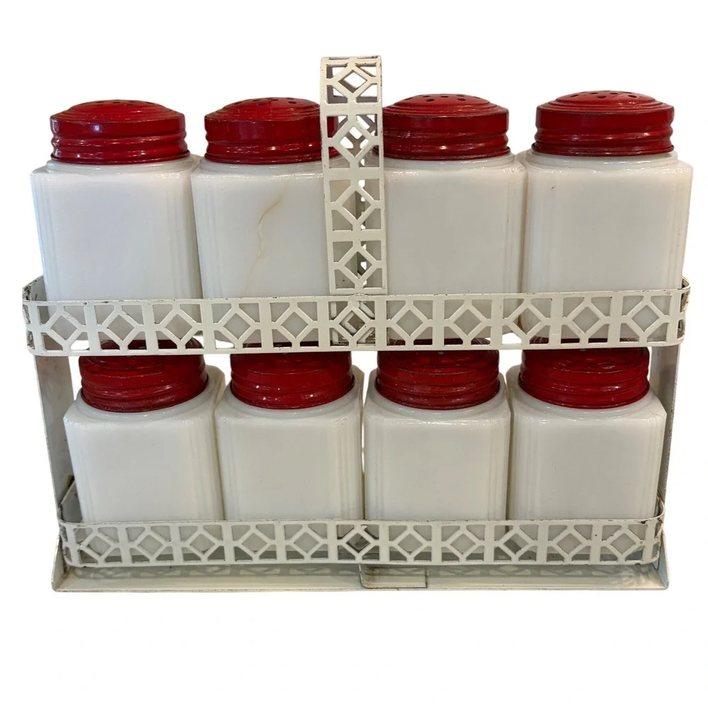 Vintage TIPP USA Milk Glass Spice Jar Set 8pc Red Lids Floral Basket Rack